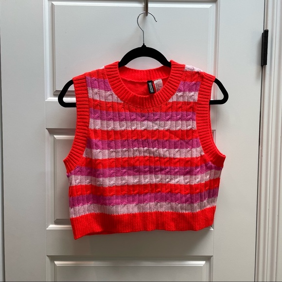 H&M NWT Sweater Vest Bright Orange and Pink Sz L - Picture 1 of 2